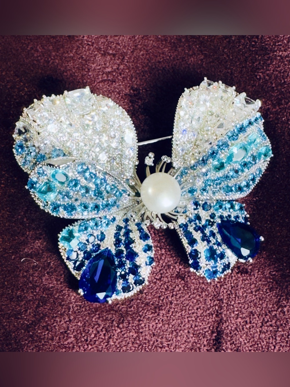 Blue and Clear Crystal Butterfly Brooch with Pearl Center